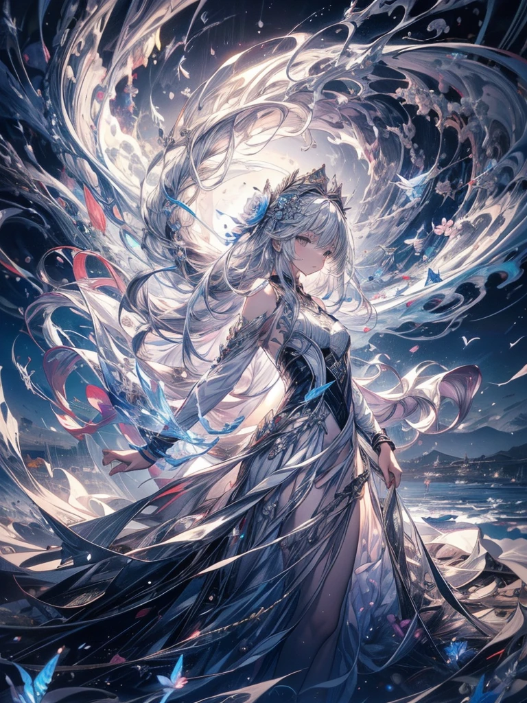 Break, waves,  1 girl, No.18, Very long hair,  Silver Slit Dress, 
Flowers Bloom ,  galaxy,  Spiral Nebula , birds,   Like a Dream ,
 Best quality, masterpiece,  ultra high resolution, illustration, Deep Shadows, edge light, 