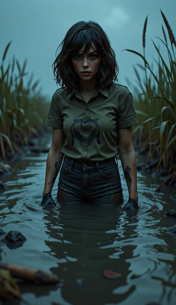 ( top quality,4K, high resolution keylet, realistic ),portrait, The girl dived into a deep muddy swamp , her jeans are soaked in a thick layer of sticky mud, wild and creepy environment , dark and mysterious  , misty atmosphere , soft lighting,bright colors,A reflection in a swamp , restless and vulnerable , reeds, night sky