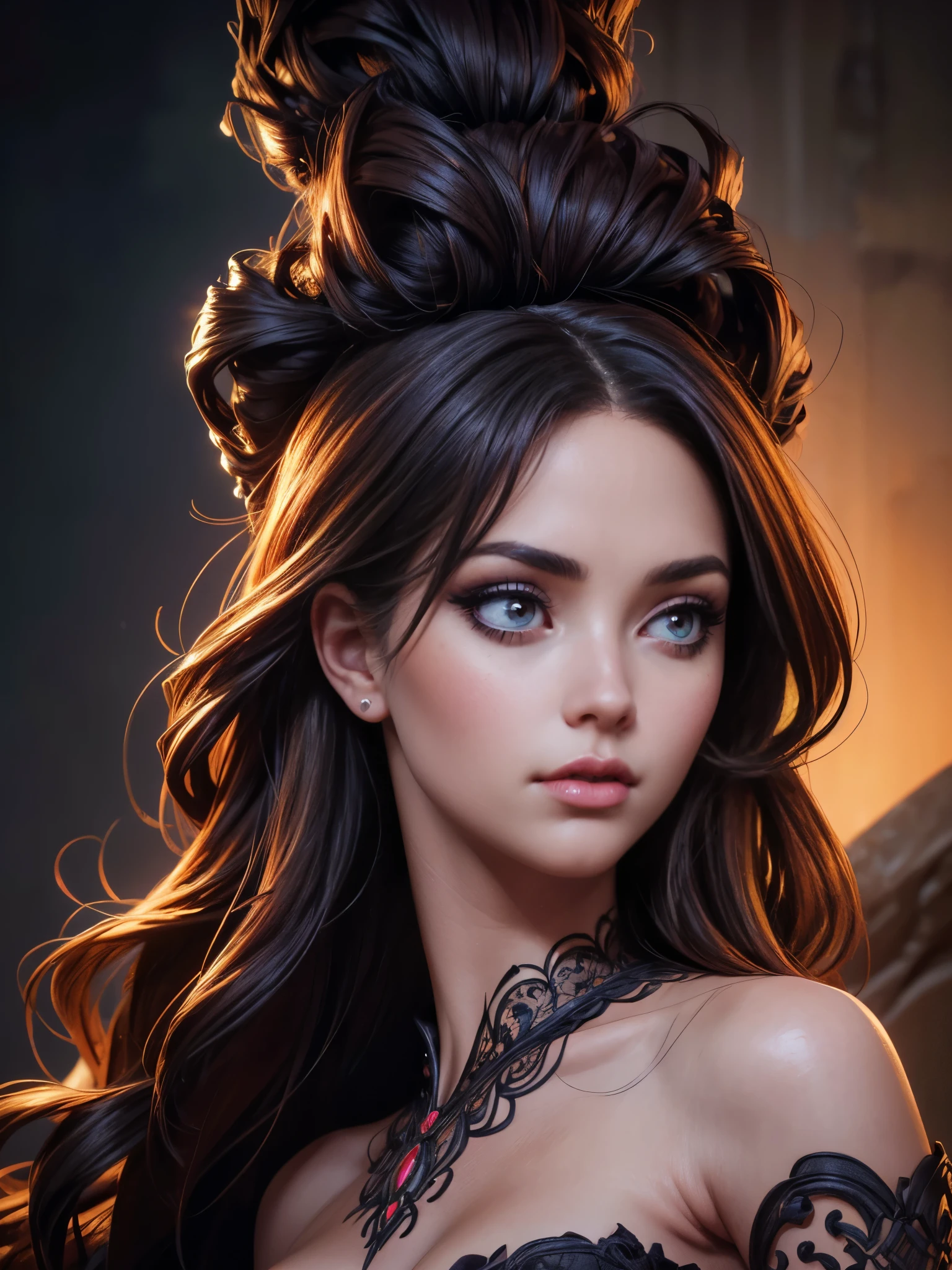 A beautiful woman with a plunging neckline, detailed face, expressive eyes, full lips, long eyelashes, flowing hair, intricate dress, dramatic pose, fantasy portrait, cinematic lighting, vibrant colors, highly detailed, photorealistic, masterpiece