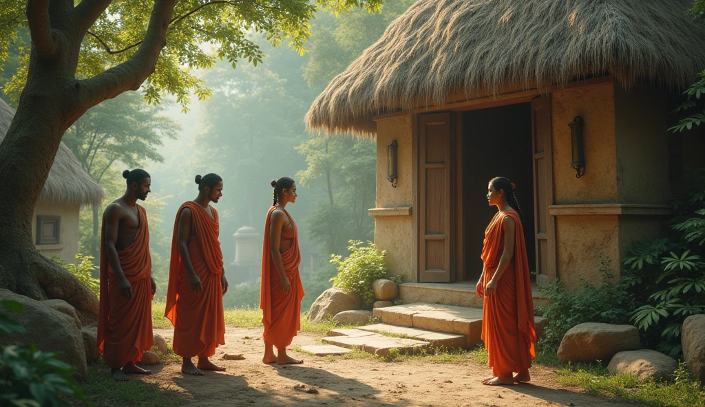 High quality HD 4k imege Generated this prompt,"An ancient Indian hermitage where Anasuya warmly welcomes three beggars, seating them respectfully, her face glowing with kindness and humility."