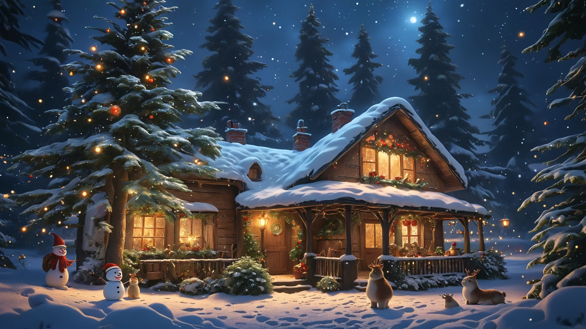 (2boys:1.3),2boy\(Reindeer\(Rudolph Red-Nosed Reindeer\) and Snowman\(Frosty the Snowman,corncob pipe, button nose, coal eyes,an old silk hat\) smiling\), in the front of beautiful Christmas tree, starry night,. BREAK .quality\(8k,wallpaper of extremely detailed CG unit, high resolution, top-quality, top-quality real texture skin, hyper realistic, increase the resolution, RAW photos, best quality, highly detailed, the wallpaper, golden ratio, high saturation realism, vibrant colors, dramatic lighting, persuasive storytelling, atmospheric scenery, captivating visuals, intricate details, strong emotions, dreamlike world\),landscape,