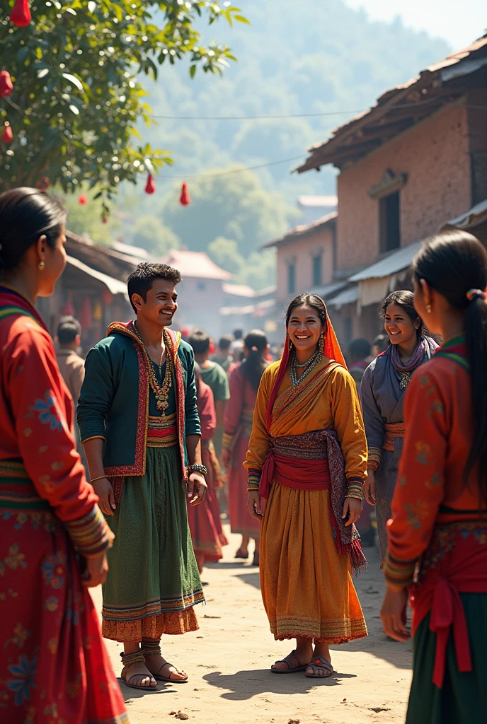 Create beautiful a man and woman photo wearing Nepali traditional attire dhaka and daura salwar