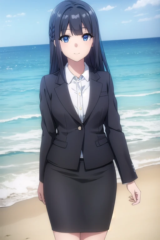 shoukomakinohara, shouko makinohara, long hair, blue eyes, black hair, braid, smile, 
BREAK suit, office lady, black skirt, black blazer, (black blazer:1.5), pencil skirt, (pencil skirt:1.5), white shirt, collared shirt
BREAK outdor, beach background, (beach background:1.6), summer, BREAK looking at viewer, (cowboy shot:1.5), BREAK (masterpiece:1.2), best quality, high resolution, unity 8k wallpaper, (illustration:0.8), (beautiful detailed eyes:1.6), extremely detailed face, perfect lighting, extremely detailed CG, (perfect hands, perfect anatomy),