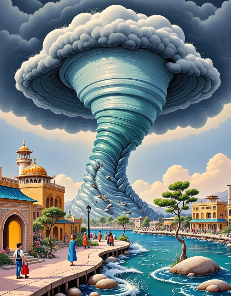 A powerful tornado forming in the sky over an anonymous Middle Eastern city, known for its rich history and beautiful architecture. The city view includes traditional buildings with intricate designs and vibrant markets bustling with activity. The sky is dark and ominous, while the twisting tornado seems to be touching down, causing waves on the nearby sea. It is a breathtaking and frightening sight, demonstrating the power of nature.
