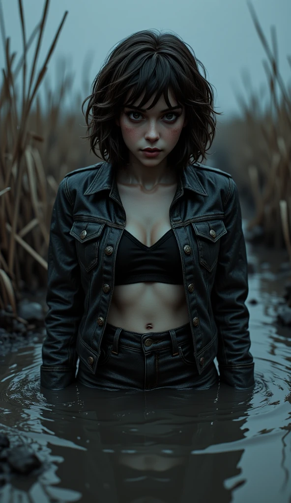 ( top quality,4K, high resolution keylet, realistic ),portrait, The girl pluged into a deep muddy swamp , her jeans are soaked in a thick layer of sticky mud, wild and creepy environment , dark and mysterious  , misty atmosphere , soft lighting,bright colors,A reflection in a swamp sludge, restless and vulnerable , reeds, night sky, 