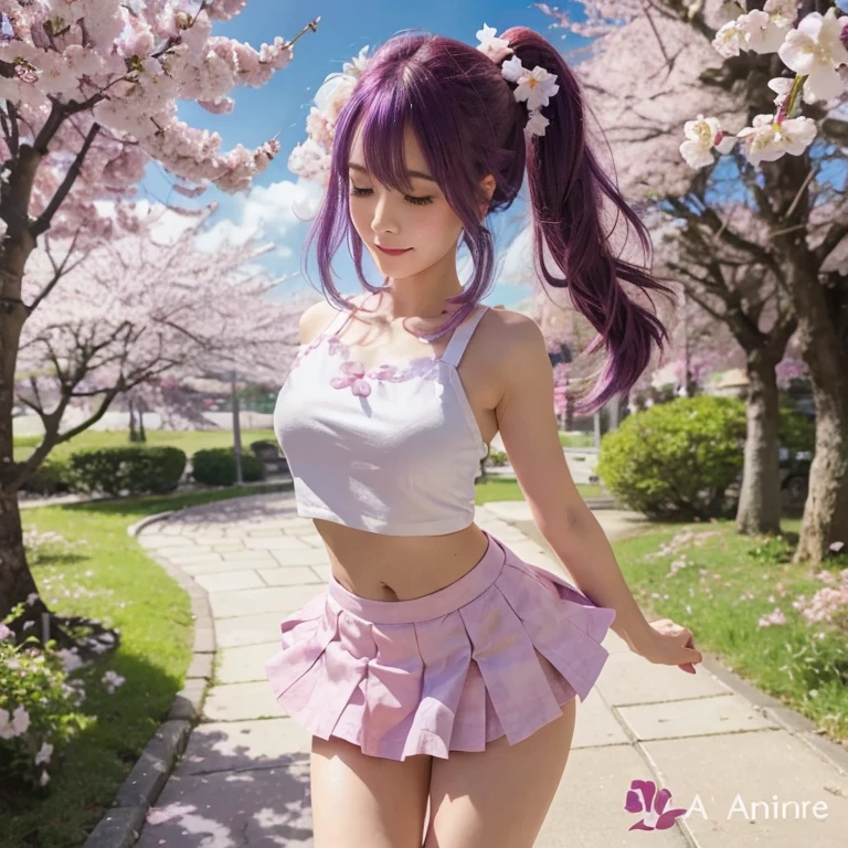 masterpiece, best quality, ultra-detailed, fish-eye lens, forest, a cute girl, solo, miniskirt, beautiful purple hair, beautiful light blue eyes, beautiful eyes, cat ears, headphone, neon light