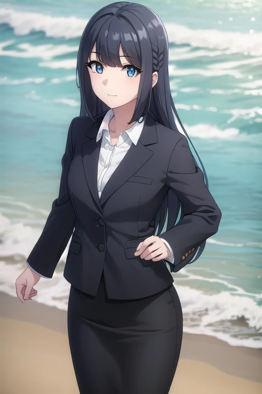 shoukomakinohara, shouko makinohara, long hair, blue eyes, black hair, braid, smile, 
BREAK suit, office lady, black skirt, black blazer, (black blazer:1.5), pencil skirt, (pencil skirt:1.5), white shirt, collared shirt
BREAK outdor, beach background, (beach background:1.6), summer, BREAK looking at viewer, (cowboy shot:1.5), BREAK (masterpiece:1.2), best quality, high resolution, unity 8k wallpaper, (illustration:0.8), (beautiful detailed eyes:1.6), extremely detailed face, perfect lighting, extremely detailed CG, (perfect hands, perfect anatomy),