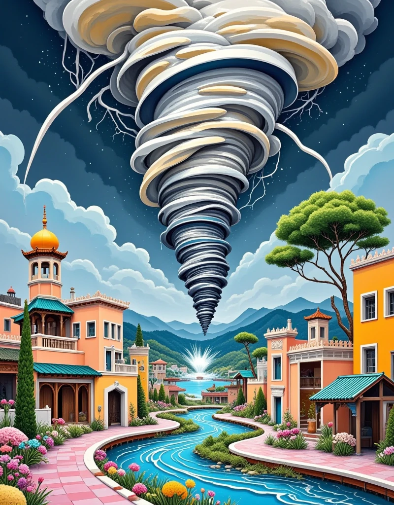 A powerful tornado forming in the sky over an anonymous Middle Eastern city, known for its rich history and beautiful architecture. The city view includes traditional buildings with intricate designs and vibrant markets bustling with activity. The sky is dark and ominous, while the twisting tornado seems to be touching down, causing waves on the nearby sea. It is a breathtaking and frightening sight, demonstrating the power of nature.
