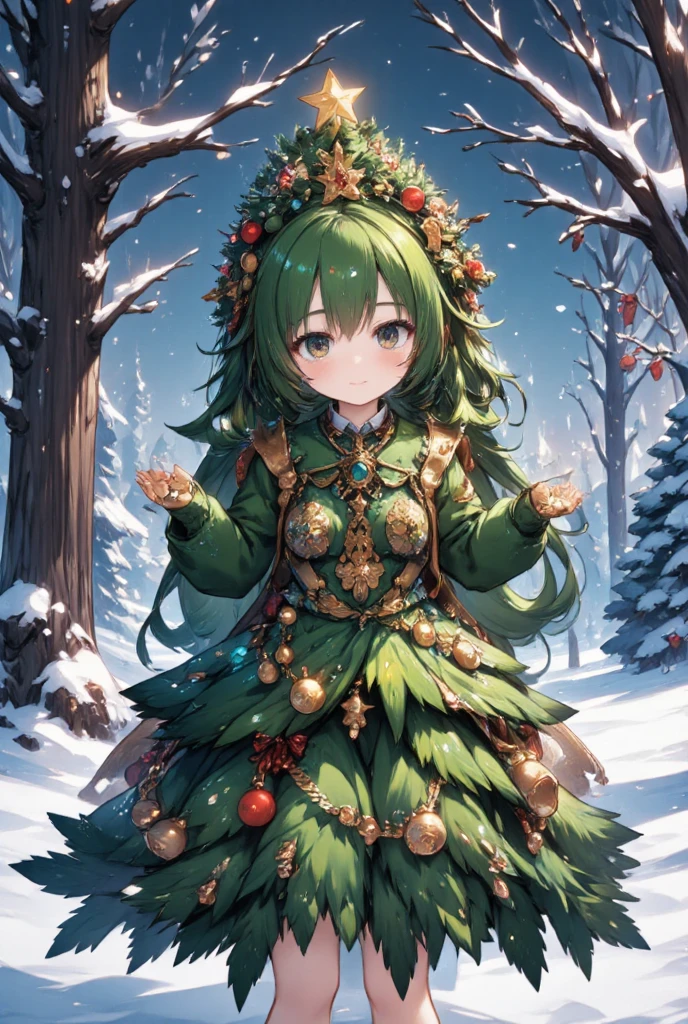 Cute girl dressed as a fir tree smiling shyly, fir tree costume, smiling star on her head, Christmas decoration, snowy scenery, cute fantasy art, ultra detailed, absolutely resolution, masterpiece