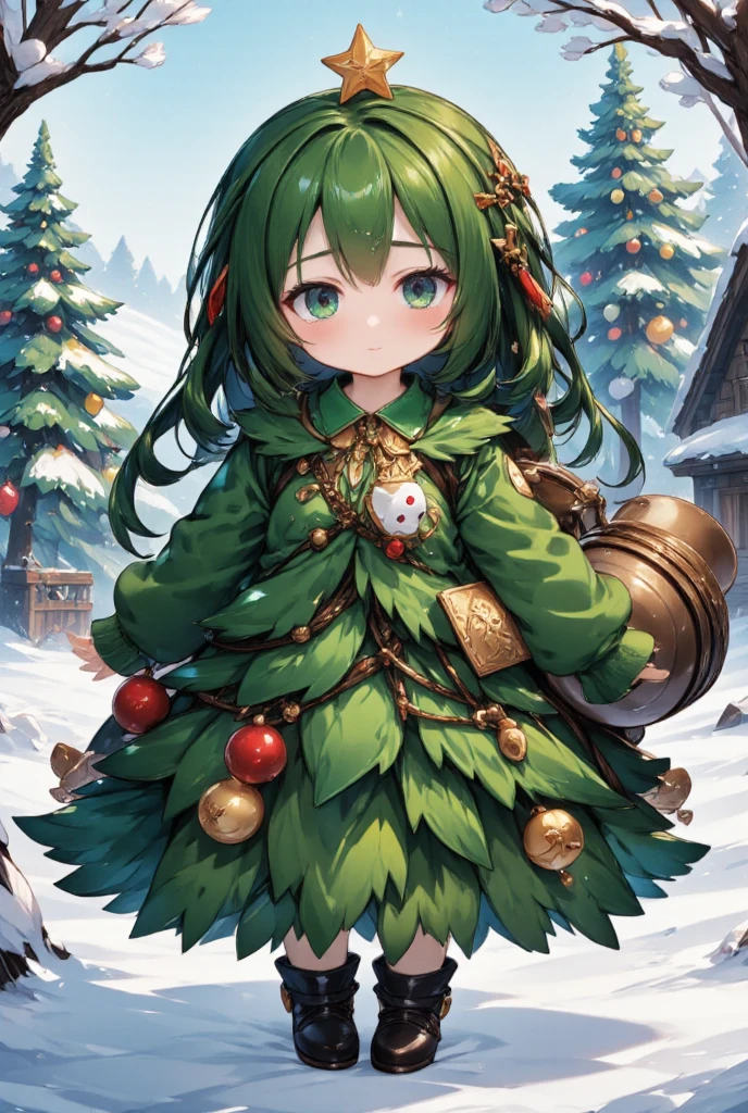 Cute girl dressed as a fir tree smiling shyly, fir tree costume, smiling star on her head, Christmas decoration, snowy scenery, cute fantasy art, ultra detailed, absolutely resolution, masterpiece