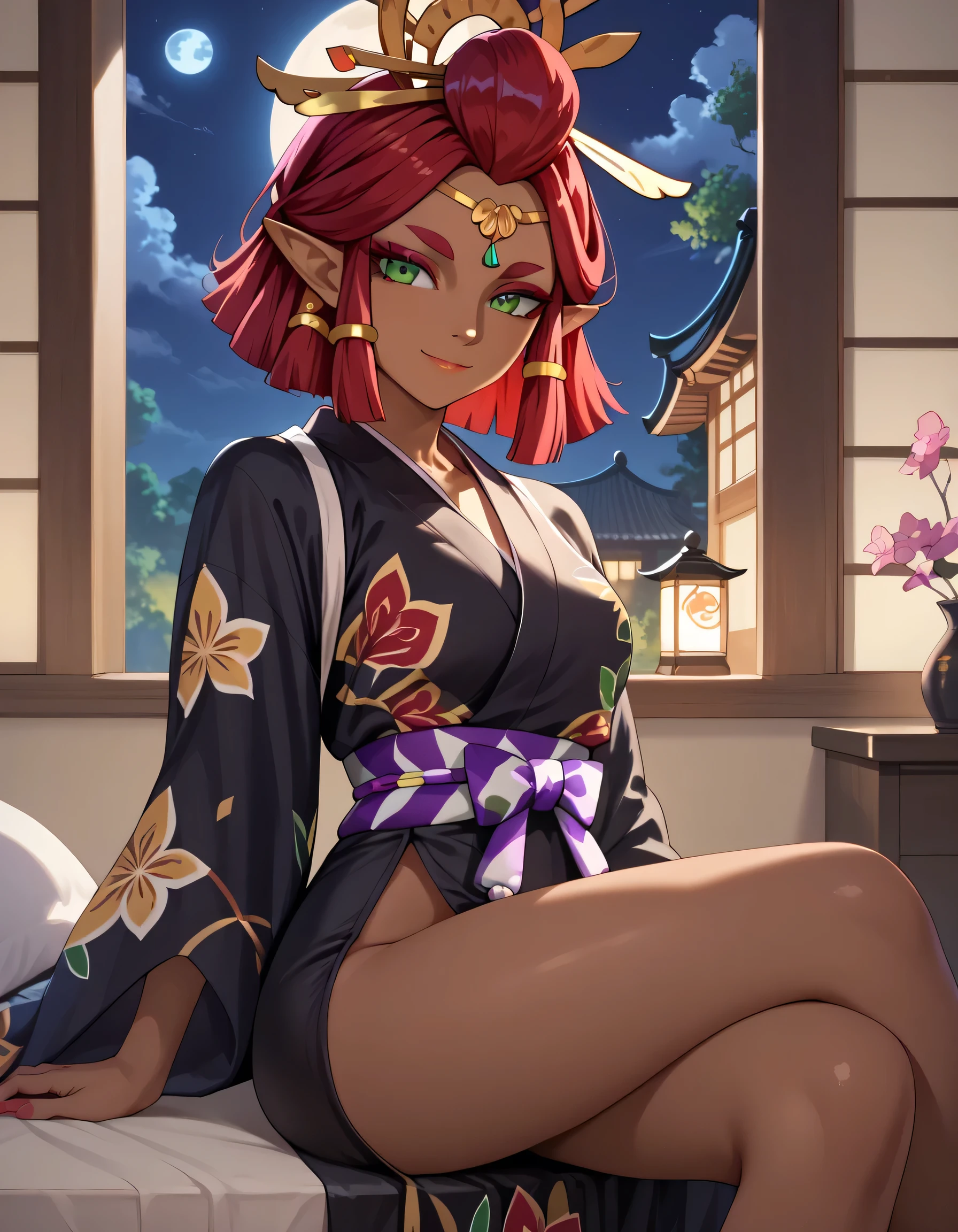 masterpiece:1.2, best quality, (highly detailed:1.2), (detailed skin),  aaRiju, dark skin, green eyes, red hair, midriff, black dress, 1girl, solo,  girl, solo, closed mouth, light smile, yukata, purple kimono, open kimono, breast, sitting, crossed legs, looking at viewer, indoors, window, night, moon