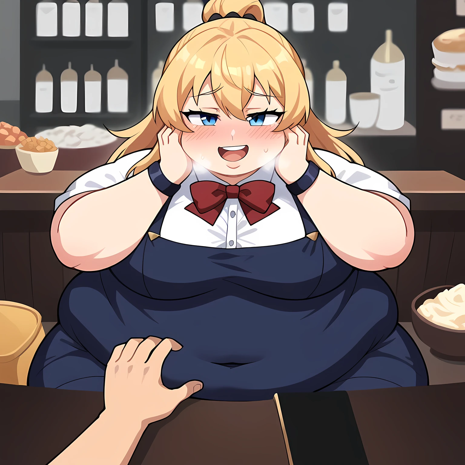 Woman, blue eyes, , anime screencap 2d, adult woman, Decollete, , nsfw,  bracelets, handbag , puffy skirt,  long straight hairstyle , pantyhose  , Sitting   in a café, pov, Date in a café, woman sitting   on man's crotch , table, smug swollen face, fat, chubby, obese, open mouth, out of breath, absurdres, highres icon, rating:General, confused, blush, {flustered}, nervous sweating, portrait, pov hands, hand on another's cheek, averting eyes, [looking away], straight-on, from above,  upper body, masterpiece, best quality, ultra-detailed, high resolution, 8K, 