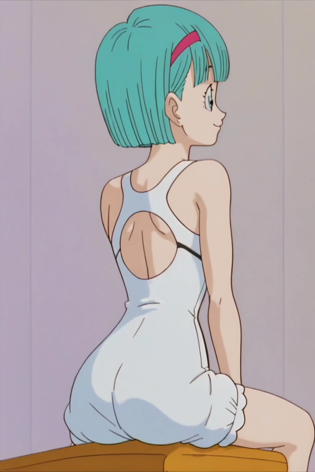 source_anime, score_9, score_8_up, score_7_up, anime screencap,
Buu saga, bulma, 1girl, solo, breasts, looking at viewer, smile, short hair, aqua hair, fringe trim, blue eyes, standing up, white bra, panties,bend over, sexy, thick thighs, ass, back, big ass