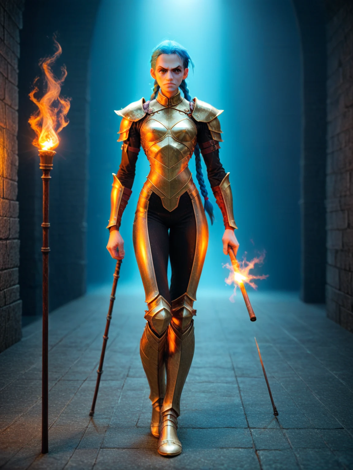 Jinx of arcane wears leather armor and holds a torch in her hand, walking through a dungeon with a serious expression on her face  full body viwe