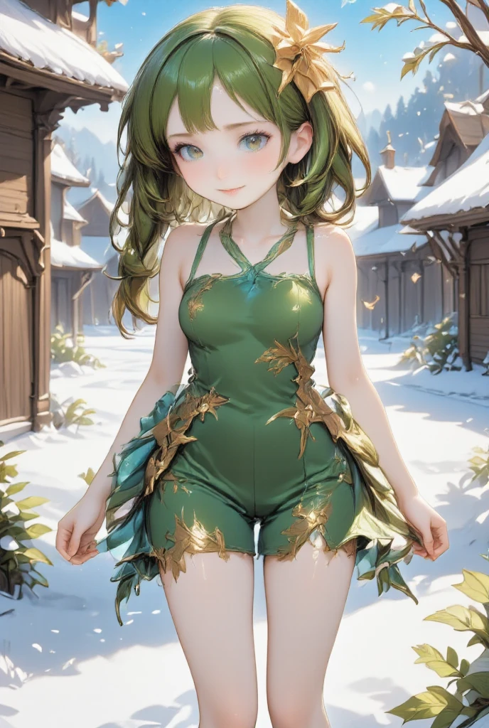 Cute girl dressed as a fir tree smiling shyly, fir tree costume, smiling star on her head, Christmas decoration, snowy scenery, cute fantasy art, ultra detailed, absolutely resolution, masterpiece