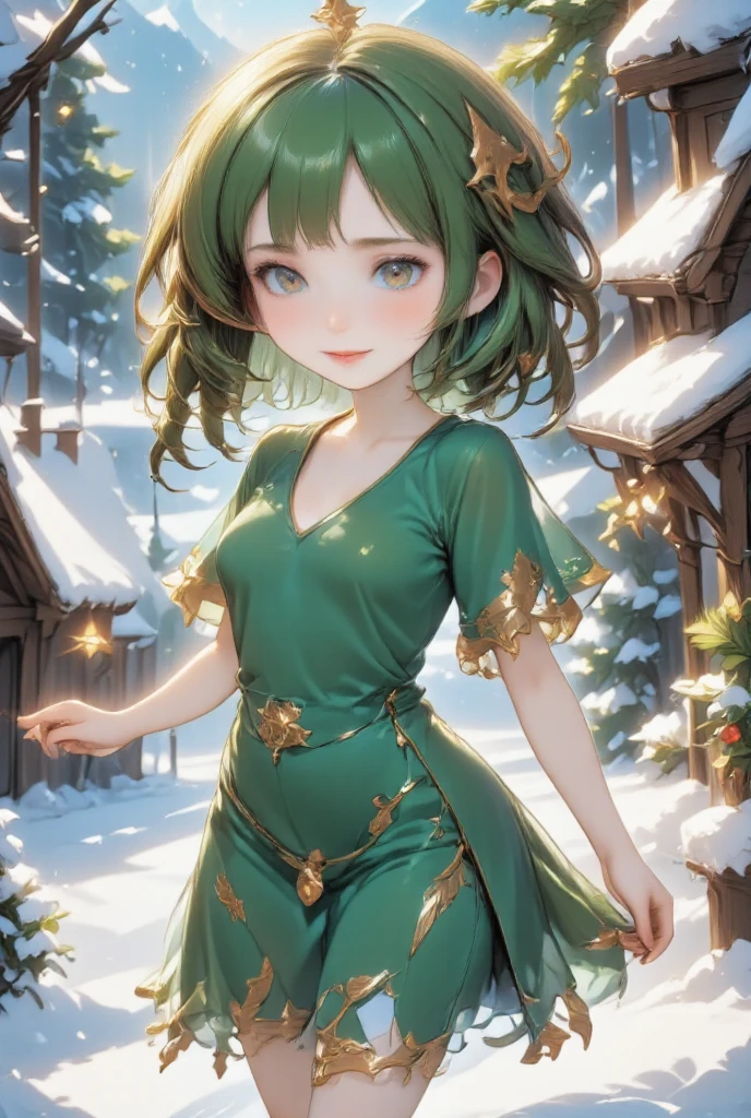 Cute girl dressed as a fir tree smiling shyly, fir tree costume, smiling star on her head, Christmas decoration, snowy scenery, cute fantasy art, ultra detailed, absolutely resolution, masterpiece