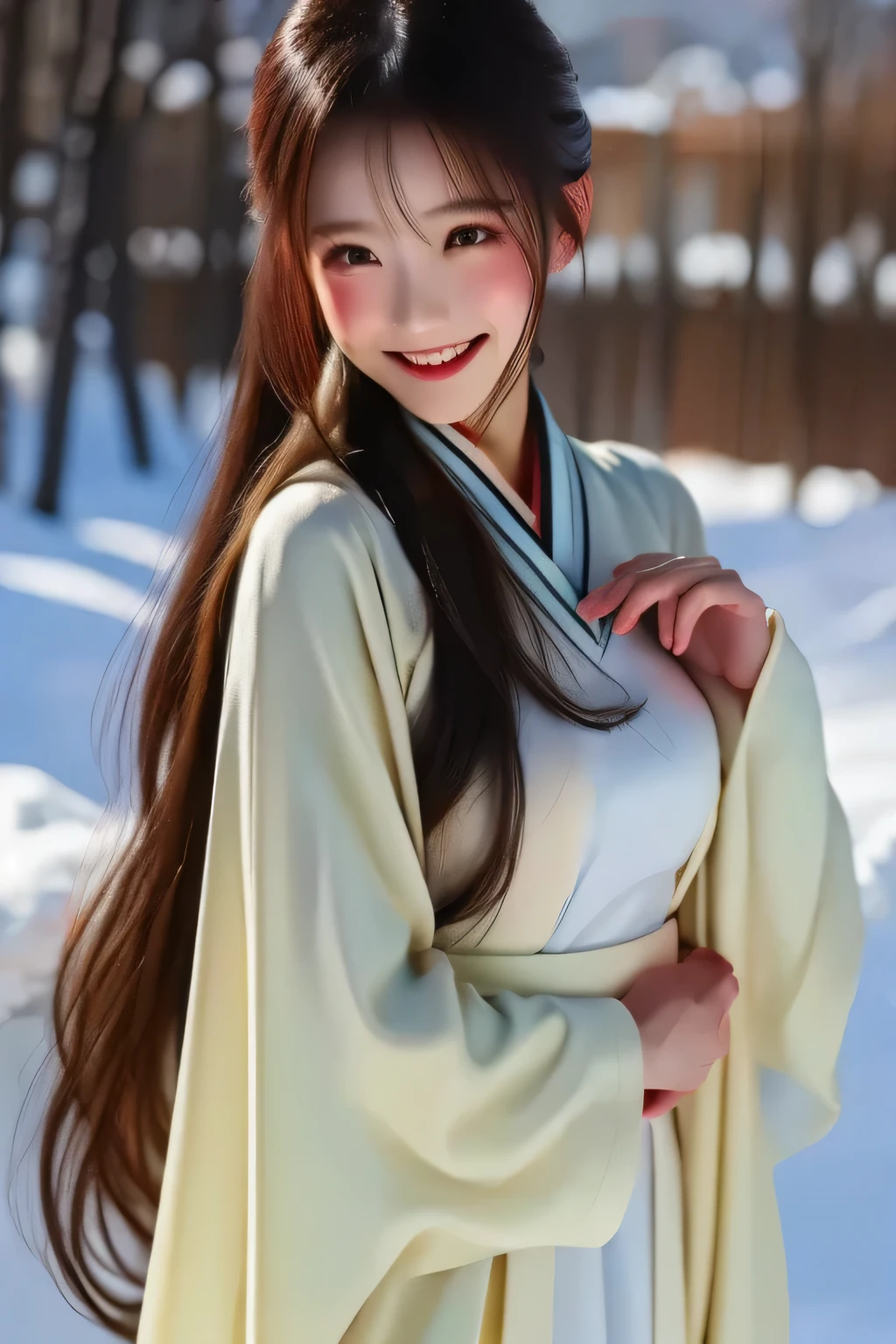  best quality, 4k image quality,  1 girl , White Hanfu, snow,  Long Hair Fluttering in the Wind , Healing Smile, Large diameter,  blurry background