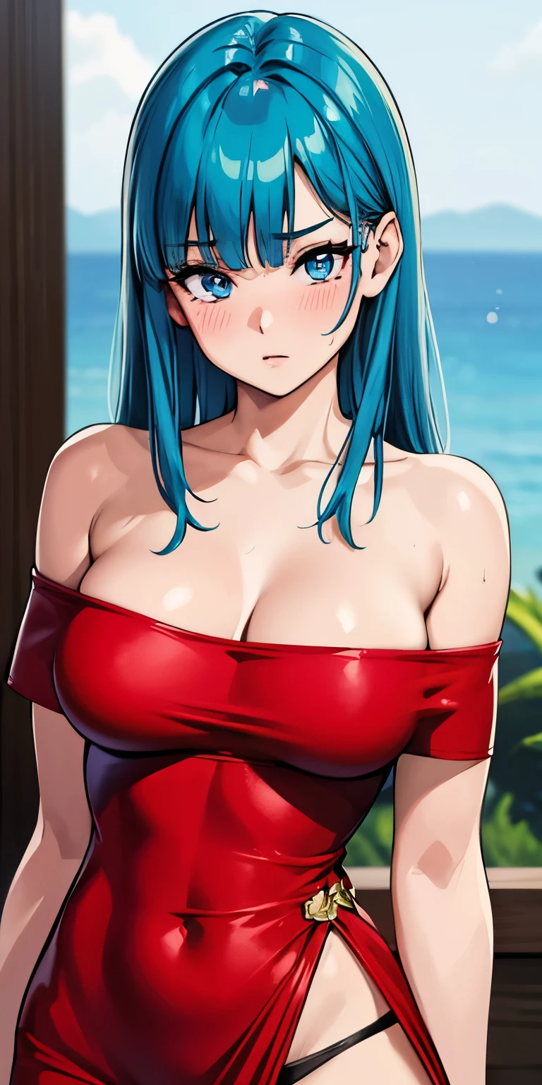 1 Female,High definition,high resolution,Ultra-realistic,8K, 1girl,maron,(red short dress), bare shoulder,(blue eyes,aqua hair,blunt bangs),off shoulder, large breasts,European,sexy,Upper body close-up,Photographed from the front,Dynamic Angles,(blush), (medium tits) ,(black thong),(show thong)