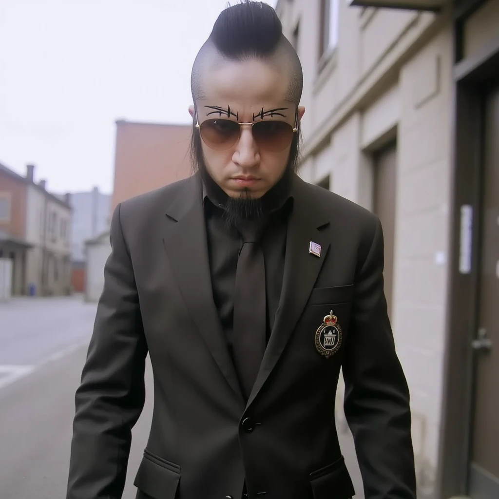Draxtar (scruffy beard, some hair on his face , dark glasses, black coat, dark gray shirt poorly buttoned and with a slightly loose black tie) Draxtar 1 está de pie afuera de una licorería, casual photography, Wide depth of field, American plane