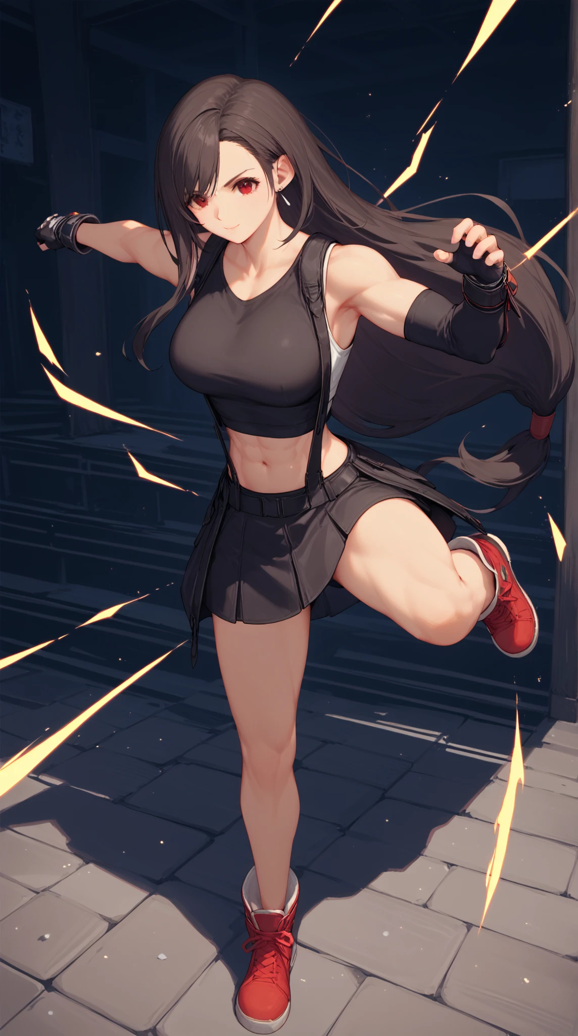 ,solo,1girl\(cute,beauty,acTif,tifa7re, brown eyes, black hair, long hair, black shirt, black tank top, zipper, black skirt, midriff, black shorts, black gloves, arm ribbon, black sneakers,fighting stance,dynamic pose, (dynamic action:1.3),(limit break:1.3),(muscularity:1.3),(athletic:1.3),(muscular:1.3),toned,(abs:0.5)\). background\(cosmic,lifestream,spirit energy, mana\),(dynamic angle:1.3). score_9, score_8_up, score_7_up, score_6_up, score_5_up, score_4_up, source_anime,source_furry,rating_safe,rating_questionable,masterpiece, best quality, perfect anatomy , very aesthetic , absurdres ,