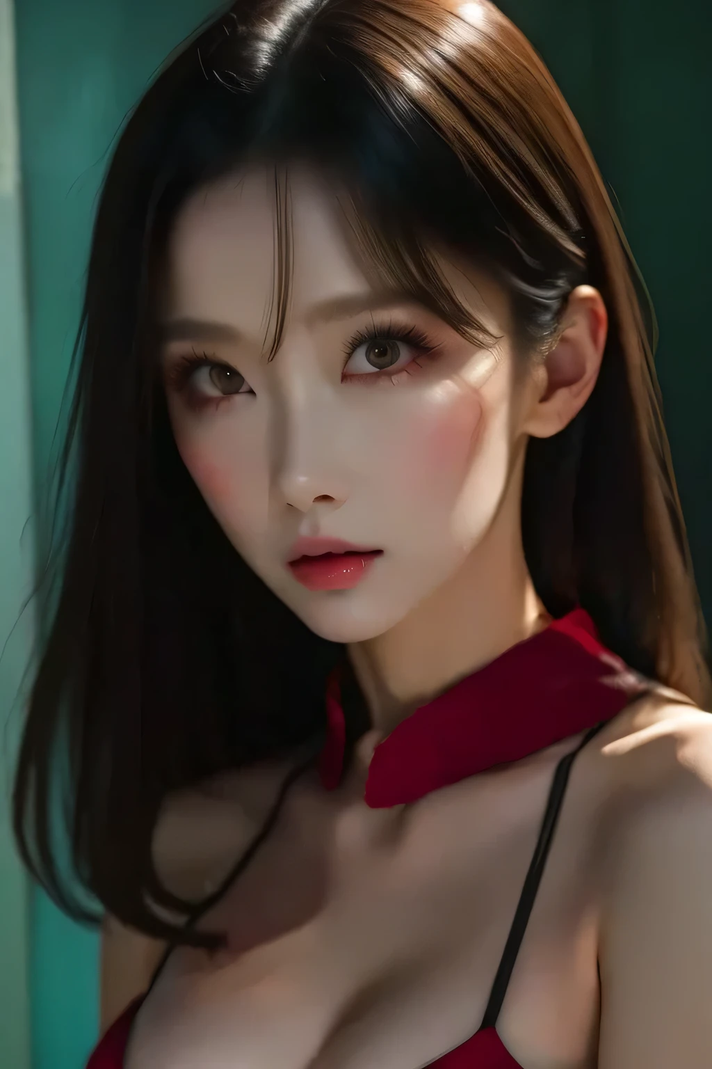 (  Masterpiece :1.2,  best quality), 1 Female, night, Alone, photo realistic ,  sci-fi  film,  sci-fi ,  sci-fi , war,  upper body,  small breasts,  focus on the face,  realistic , pastel painting, Powerful,  intelligent , Functional,  detail eyes (Sharp Eyes,  Brown Eyes )  sexyhairstyle ,   LONG BLACK HAIR ,  best CG , (wearing German red 2 world war general uniform), military, Local Power,  The greatness of the army,