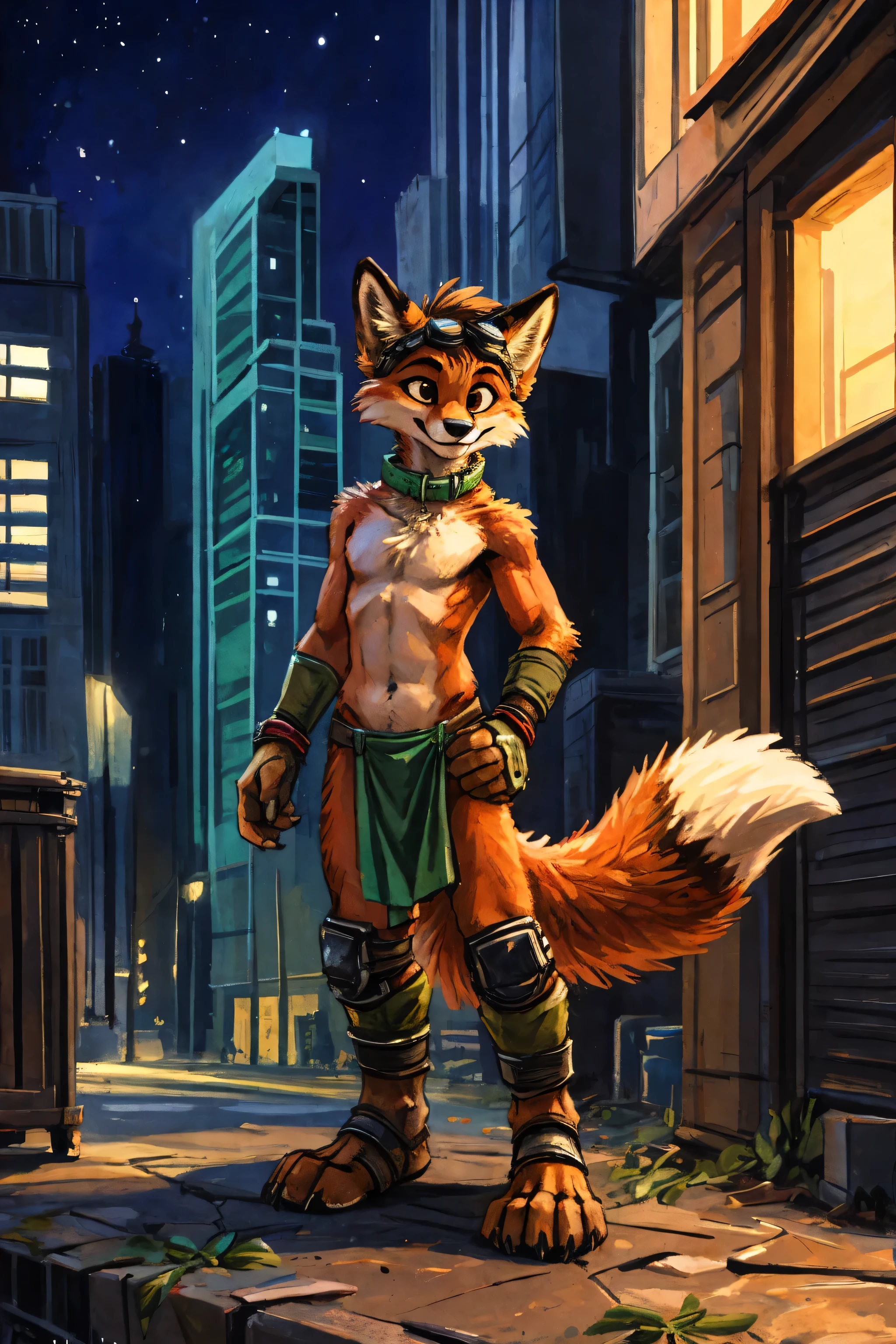 no lighting deep shadow, masterpiece, high quality, hi res, solo, teen Furry, furry, teenager, red fox, spiked brown hair only on head, collar, brown eyes, goggles, green loincloth, green scarf, elbow pads, knee pads, masterpiece, No muscles, Detailed hands, detailed face, detailed eyes, detailed body, Flat body, Skinny, claws, high resolution, metal cuffs on wrists, metal cuffs on ankles, no shirt, no underwear, city, night, kneel, side view, looking away
