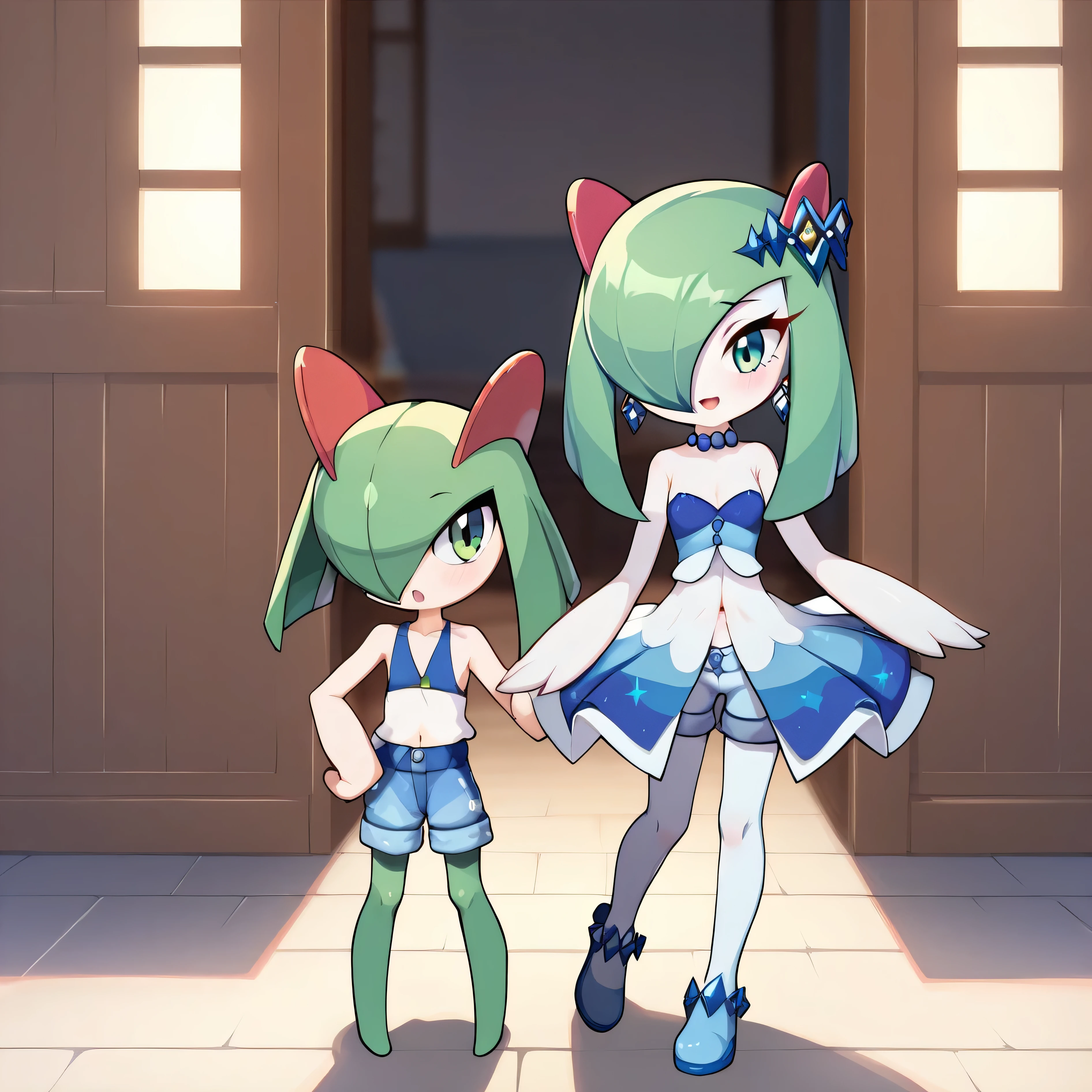 masterpiece:1.2, best quality, (highly detailed), score_9, score_8_up, score_7_up, full body shot, 1girl, 1pokemon, couple, lisia \(pokemon\), green eyes, green hair, bare shoulders, dress, earrings, hair ornament, jewelry, navel, shorts, showgirl skirt, single thigh-high, in front of house, kirlia, smaller kirlia, taller female,