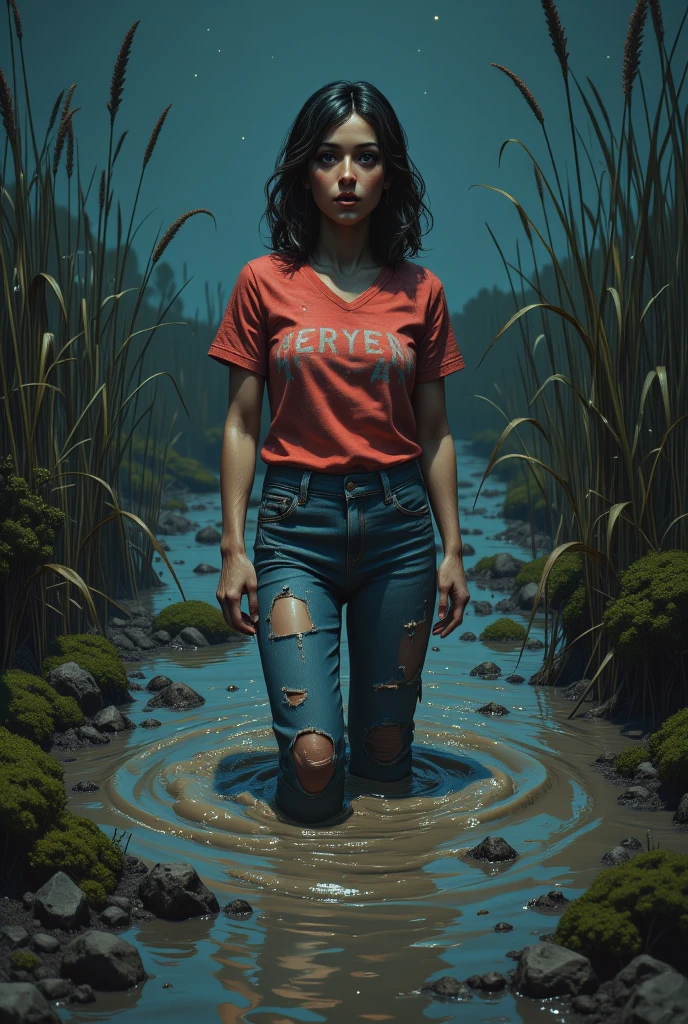 portrait, The girl stuck into a deep muddy swamp , her jeans are soaked in a thick layer of sticky sludge,   , vivid muted colors , restless and vulnerable , reeds, night sky stars,