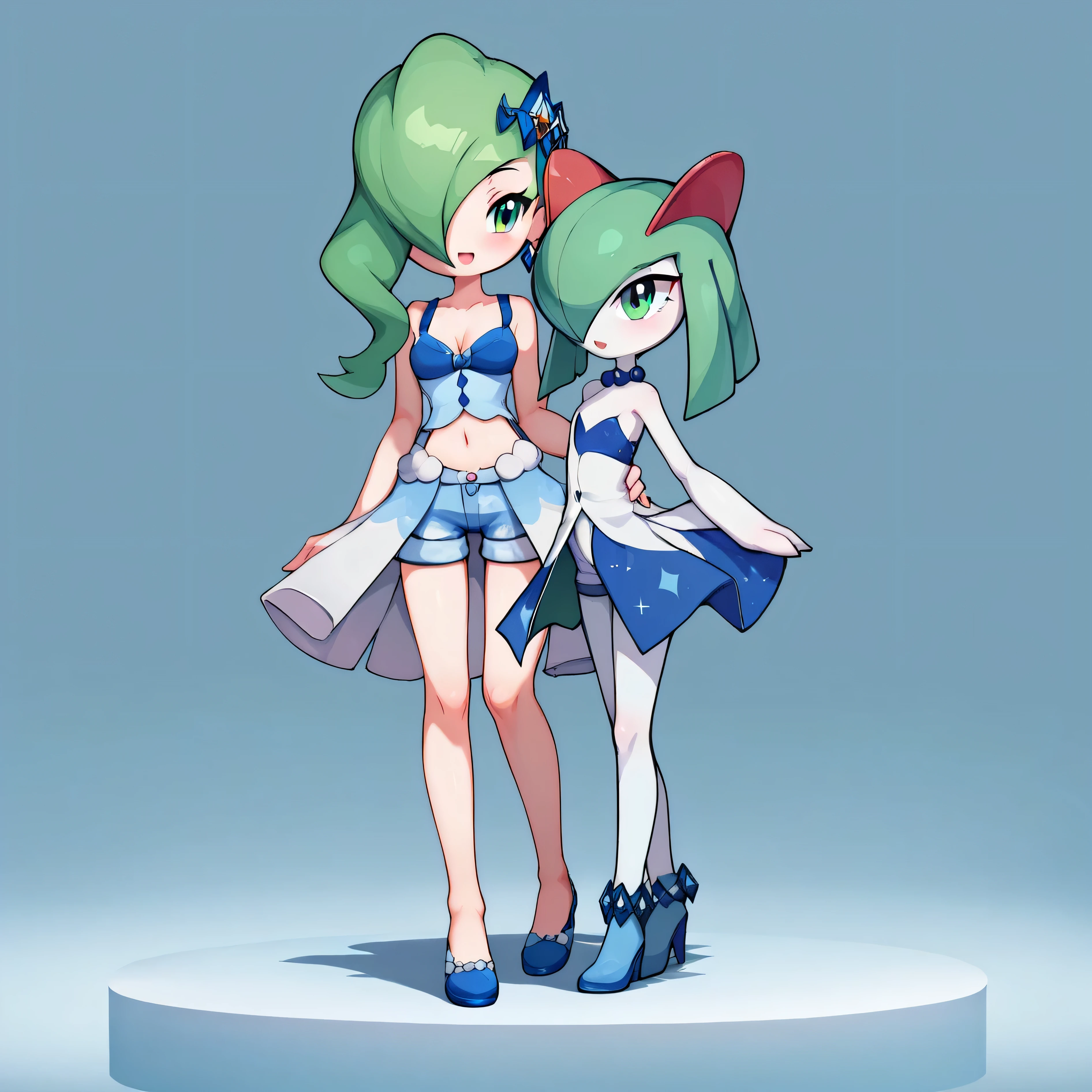 masterpiece:1.2, best quality, (highly detailed), score_9, score_8_up, score_7_up, full body shot, 1girl, 1pokemon, couple, lisia \(pokemon\), green eyes, green hair, bare shoulders, dress, earrings, hair ornament, jewelry, navel, shorts, showgirl skirt, single thigh-high, in front of house, kirlia, smaller kirlia, taller female,