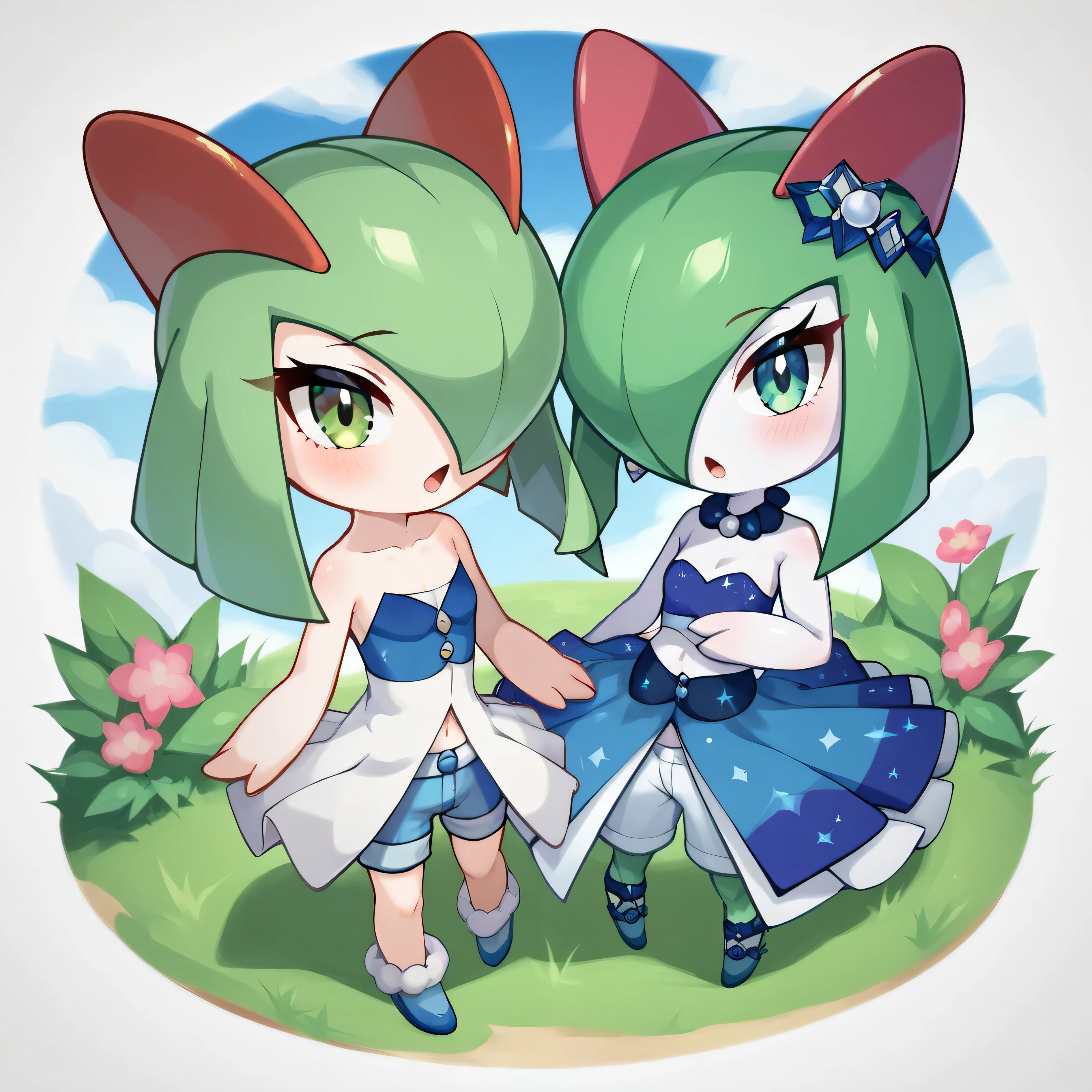 masterpiece:1.2, best quality, (highly detailed), score_9, score_8_up, score_7_up, full body shot 1girl, 1pokemon, couple, lisia \(pokemon\), green eyes, green hair, bare shoulders, dress, earrings, hair ornament, jewelry, navel, shorts, showgirl skirt, single thigh-high, in front of house, kirlia, smaller kirlia,