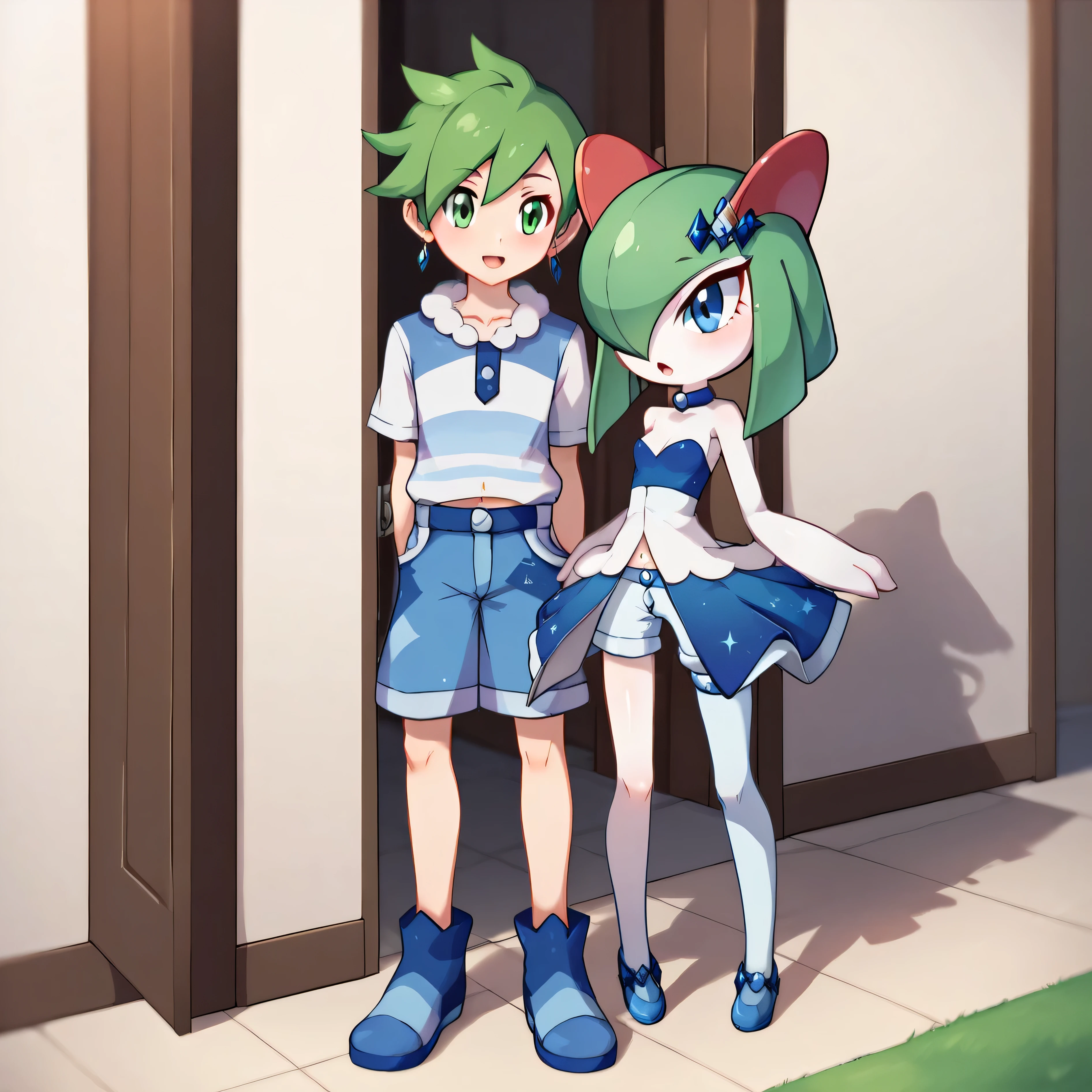 masterpiece:1.2, best quality, (highly detailed), score_9, score_8_up, score_7_up, full body shot 1girl, 1pokemon, couple, lisia \(pokemon\), green eyes, green hair, bare shoulders, dress, earrings, hair ornament, jewelry, navel, shorts, showgirl skirt, single thighhigh, in front of house, kirlia, smaller pokemon,