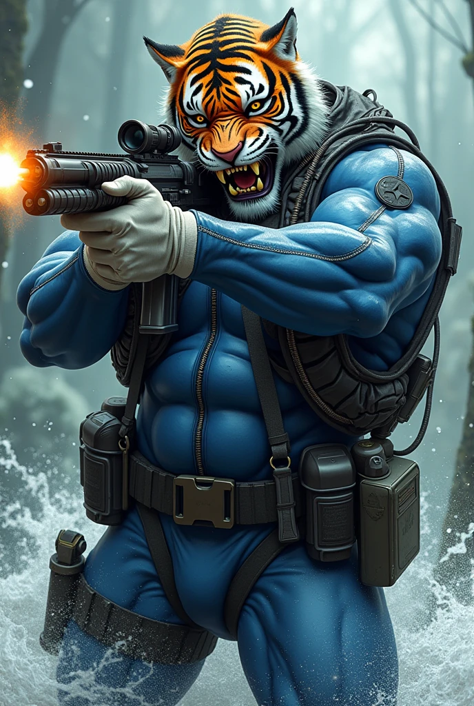 (A rugged beefy very muscular bulky old man), (wearing blue zipper wetsuit), (wearing realistic roaring tiger mask), shooting with rifle,  wearing bulky scuba gear, muscular physique, toned muscles, fierce, heroic, action, comic artstyle, bulky best quality, wearing white combat gloves. wearing gun holster on left thighs, dynamic action pose, fierce expression, showcasing an imposing stature, powerful, best quality image, action-packed atmosphere, masterpiece.