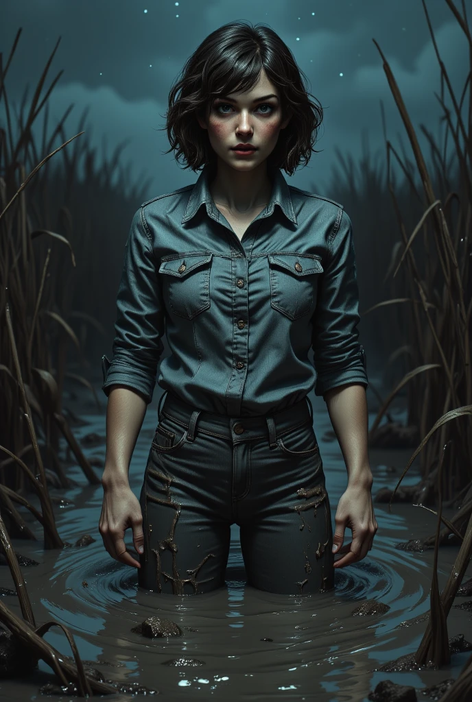 portrait, The girl stuck into a deep muddy swamp , her denim jeans are soaked in a thick layer of sticky sludge,   , vivid muted colors , restless and vulnerable , reeds, night sky stars,