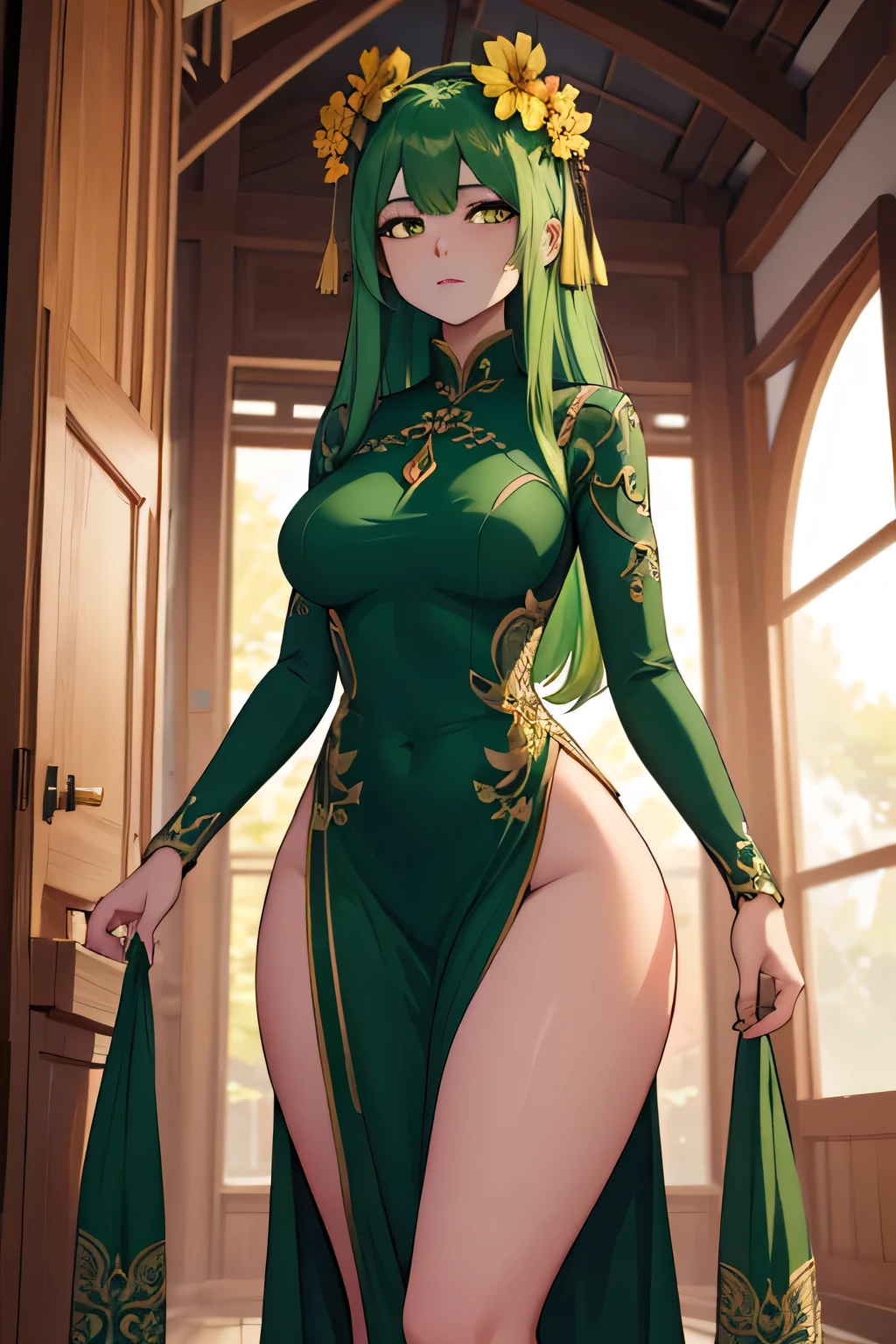 ultra detail, high detailed digital anime art, fine details. anime,8k, masterpiece, hi-resolution, best quality, hi-res, Top Quality, High Quality, High Resolution, woman, green skin, green hair, yellow eyes, anime, hourglass figure, medium breasts, thick thighs, big hips, long hair, Vietnamese dress, flowers in hair, plant girl, Alraune, green skin, plant girl, green skin, vines in hair, Ao Dai - Vietnamese Long Dress