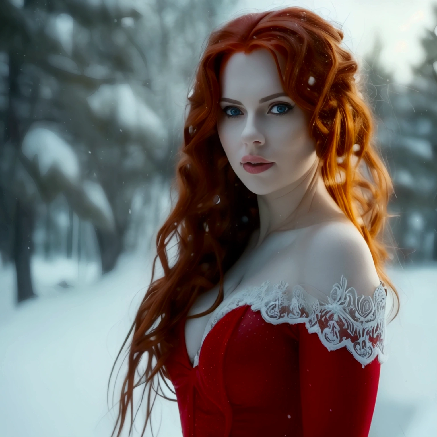 a beautiful woman with long curly deep red hair, green eyes, dressed in a red and white mini dress in anticipation of Christmas, tight fitting that highlights her voluptuous medium body and white skin, standing in a snowy landscape, body photograph full, detailed facial features (best quality, 4k, 8k, high resolution, masterpiece: 1.2), ultra detailed, (realistic, photorealistic, photorealistic: 1.37), gothic, winter, snow, dramatic lighting, chiaroscuro, moody, elegant, sensual pose