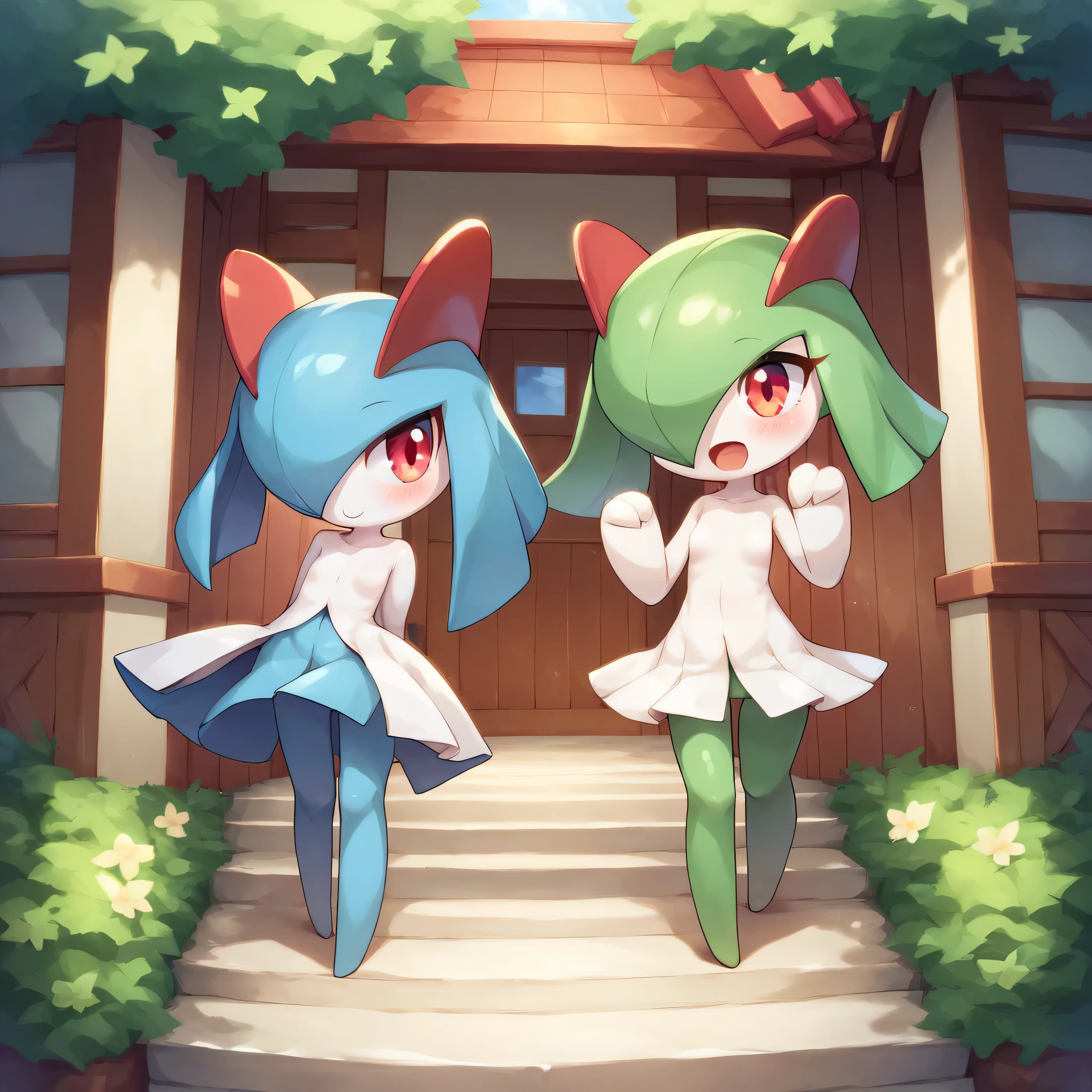 masterpiece:1.2, best quality, (highly detailed), score_9, score_8_up, score_7_up, full body shot, 2girls, couple, ポケモン, ルチア, kirlia, in front of house,