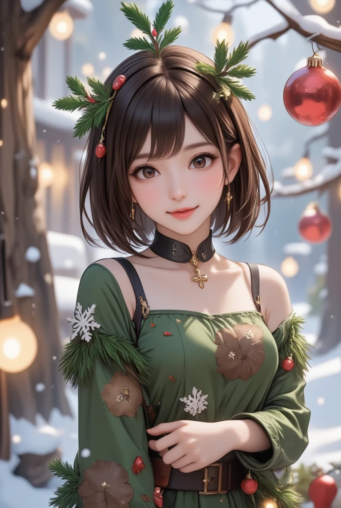 A cute girl is dressed up as a fir tree and smiling shyly, fir tree costume, smiling star on her head, Christmas decorations, illuminations, snowy scenery, cute fantasy art, ultra detailed, absolutely resolution, masterpiece