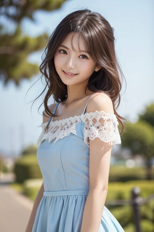 Female Japanese sitting on café terrace, Elegant, long curly hair, turn, off shoulders, large round eyes, Sunlight, with round face, With bangs, Brown eyes, narrow forehead, a baby face, Tear bag, smile, Large front teeth are slightly visible, long skirt,