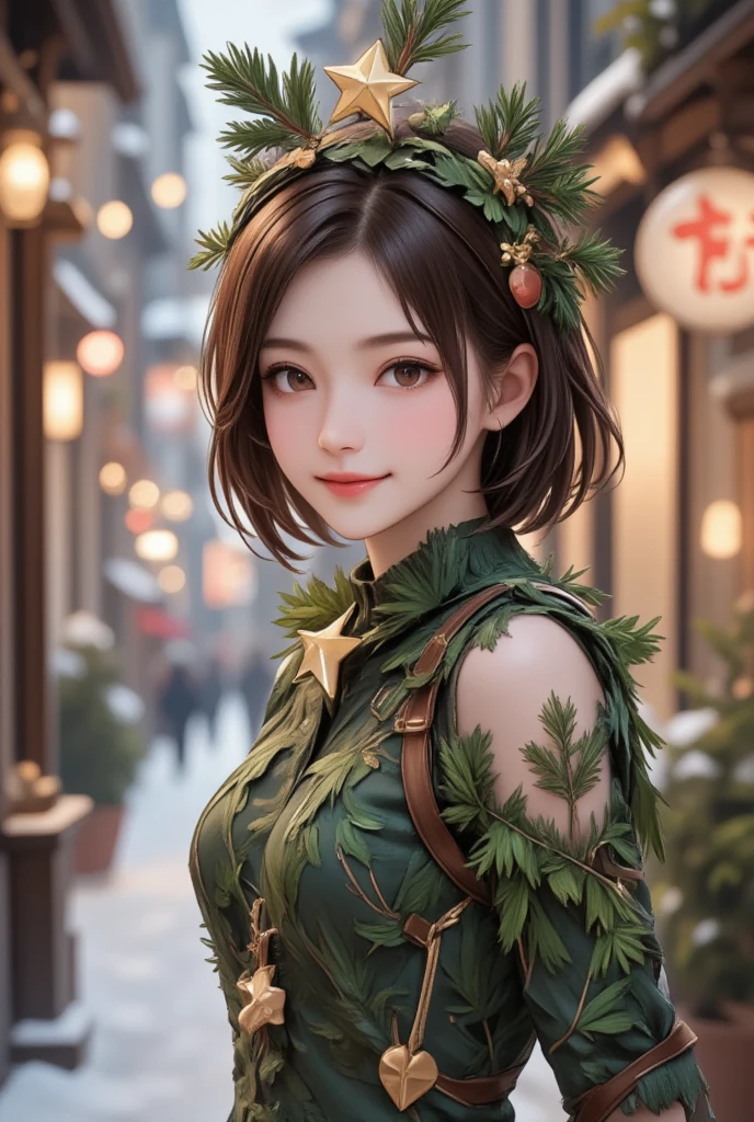 A cute girl is dressed up as a fir tree and smiling shyly, fir tree costume, smiling star on her head, Christmas decorations, illuminations, snowy scenery, cute fantasy art, ultra detailed, absolutely resolution, masterpiece