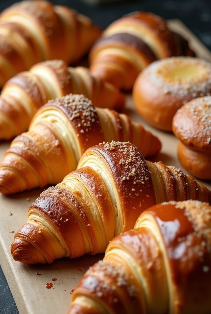 baked goods, many different delicious, mouth-watering croissants, puff pastries, buns, with different fillings and toppings