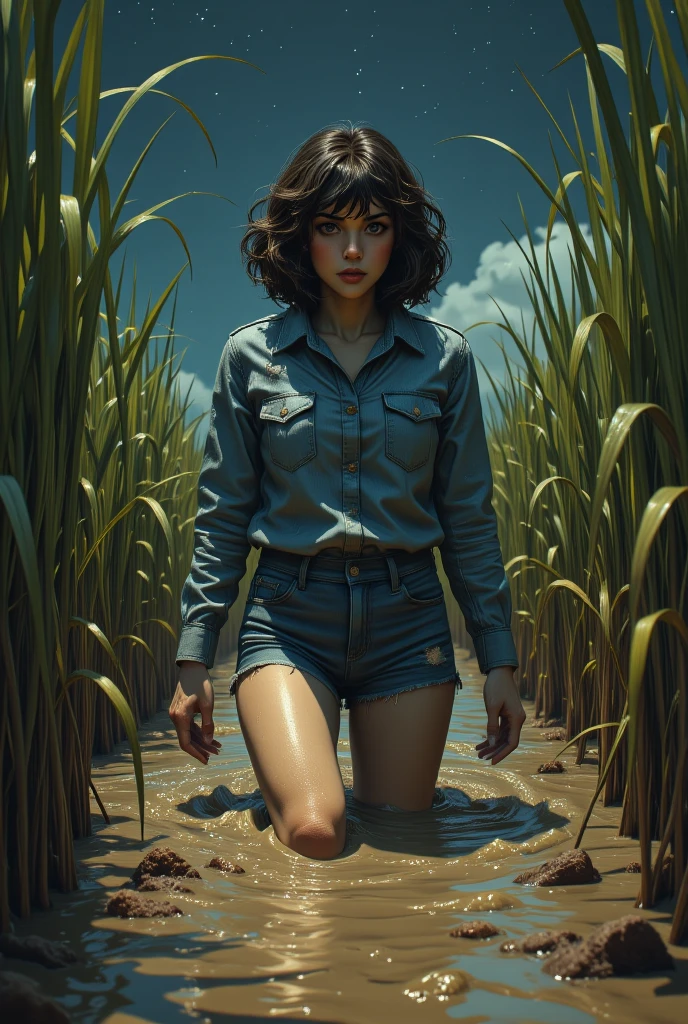 portrait, The girl stuck into a deep muddy swamp , her denim jeans are soaked in a thick layer of sticky sludge,   , vivid, muted vintage , restless and vulnerable , reeds, night sky stars,