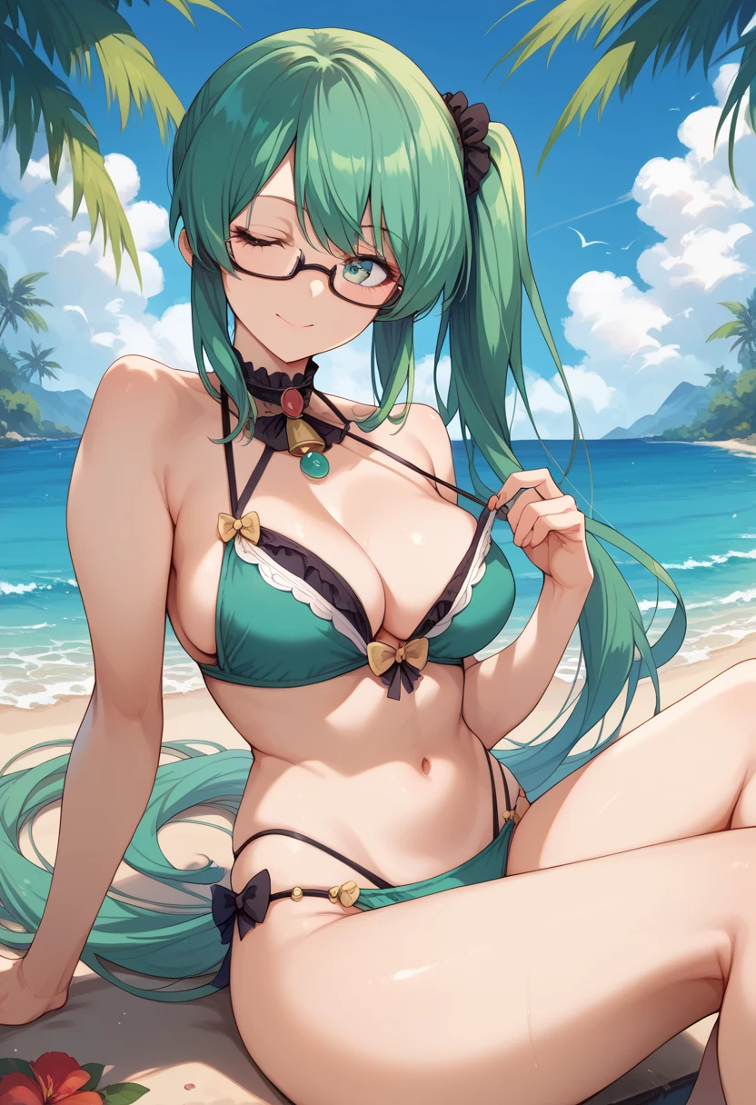 masterpiece, high definition , best quality,8k
(Kagura Suzu, green hair,side ponytail,Glasses)
Bikini,sea