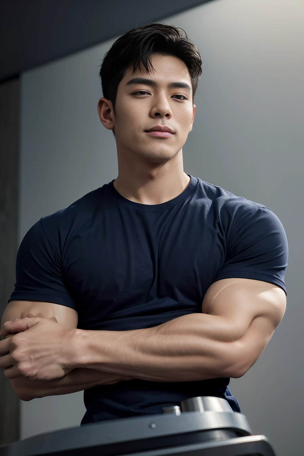 Korean Guy, no shirt, beautiful face, muscle chest, volume of underwear, billow,  big, futuristic, robotic body, boxer tight underwear, 속옷 big 볼륨