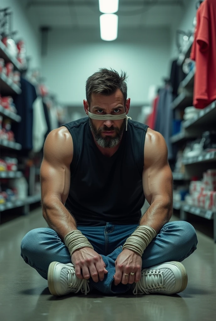 Handsome man struggling to pull his black underwear out of a large paper shredder as its shredding his underwear and sucking him into it. Hes being pulled in bynthe front and hisbeyes are wide open and he can see the shreds of his underwear between his leg's 