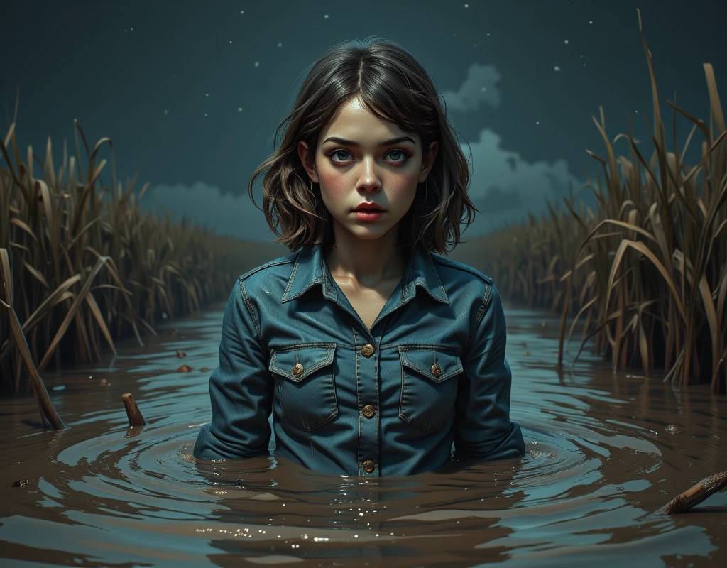 portrait, The girl stuck into a deep muddy swamp , her denim blouse are soaked in a thick layer of sticky sludge,   , vivid muted colors , restless and vulnerable , reeds, night sky stars,