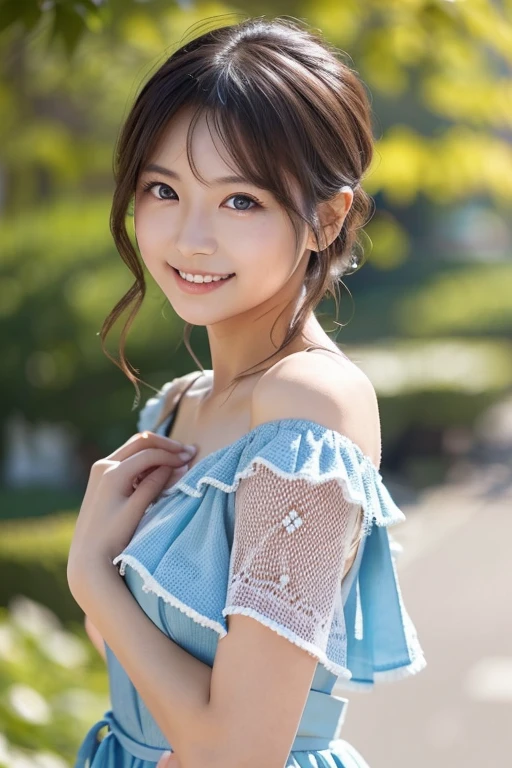 Best-quality, Masterpiece, Ultra-High-Resolution, (Photorealistic:1.4), Raw-Photo, 64K, depth of field, professional lighting, perfect ???????, extremely details, 1girl, 15-years-old, the most famous Japanese idol, cowboy shot, dancing at park, wearing off shoulders dress with stripes-patterned, ((extremely cute face like the most popular Japanese idol, ((extremely cute and extremely big eyes)), extremely beautiful hair)), extremely beautiful skins, extremely cute lips, extremely cute long-eyelashes, extremely childish body, looking at viewer, innocent smile, detailed off-shoulders-dress-with-stripes-patterned