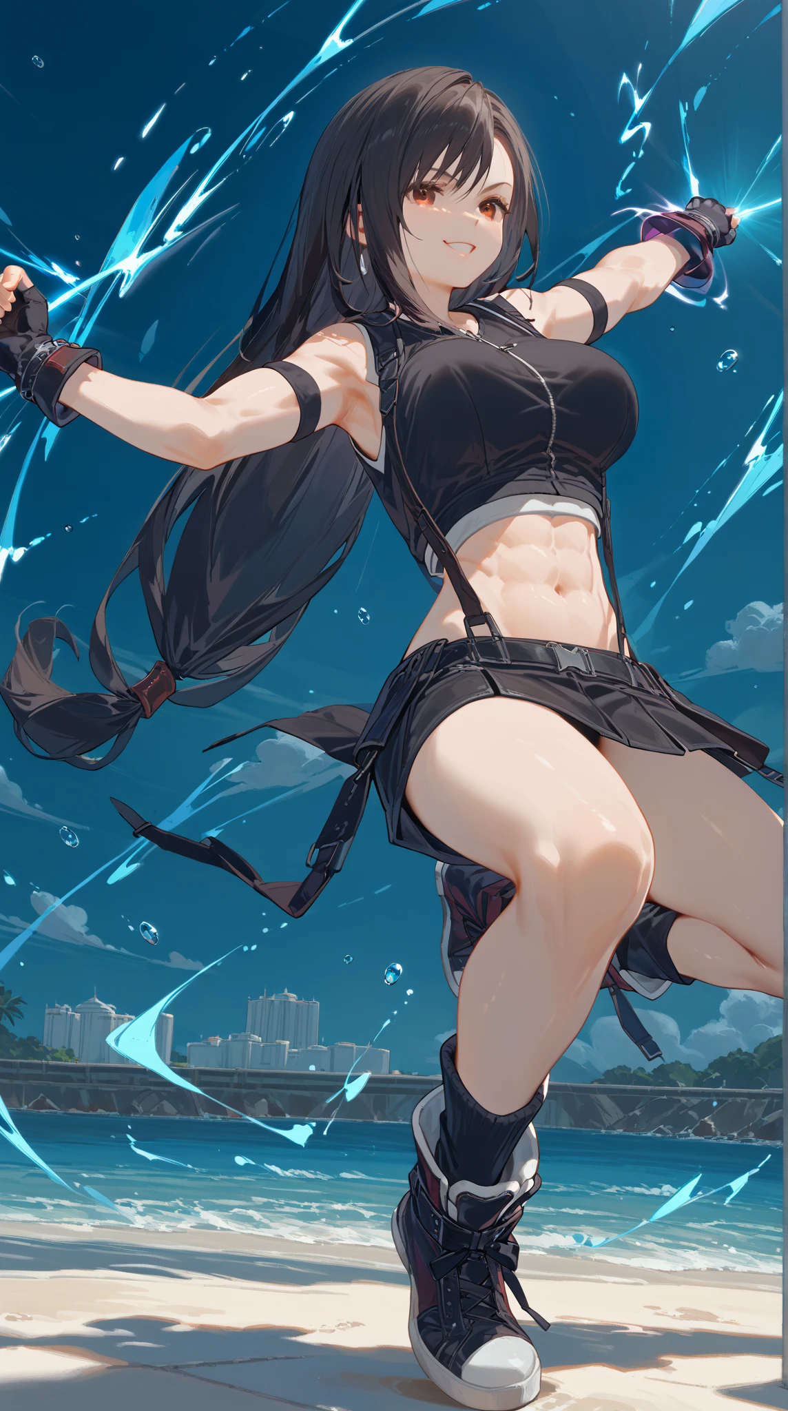 ,solo,1girl\(cute,beauty,acTif,tifa7re, brown eyes, black hair, smirk,long hair, black shirt, black tank top, zipper, black skirt, midriff, black shorts, black gloves, arm ribbon, black sneakers,fighting stance,dynamic pose, (dynamic action:1.3),(limit break:1.3),(muscularity:1.3),(athletic:1.3),muscular,toned,abs\). background\(cosmic,lifestream,spirit energy, mana\),(dynamic angle:1.3). score_9, score_8_up, score_7_up, score_6_up, score_5_up, score_4_up, source_anime,source_furry,rating_safe,rating_questionable,masterpiece, best quality, perfect anatomy , very aesthetic , absurdres ,