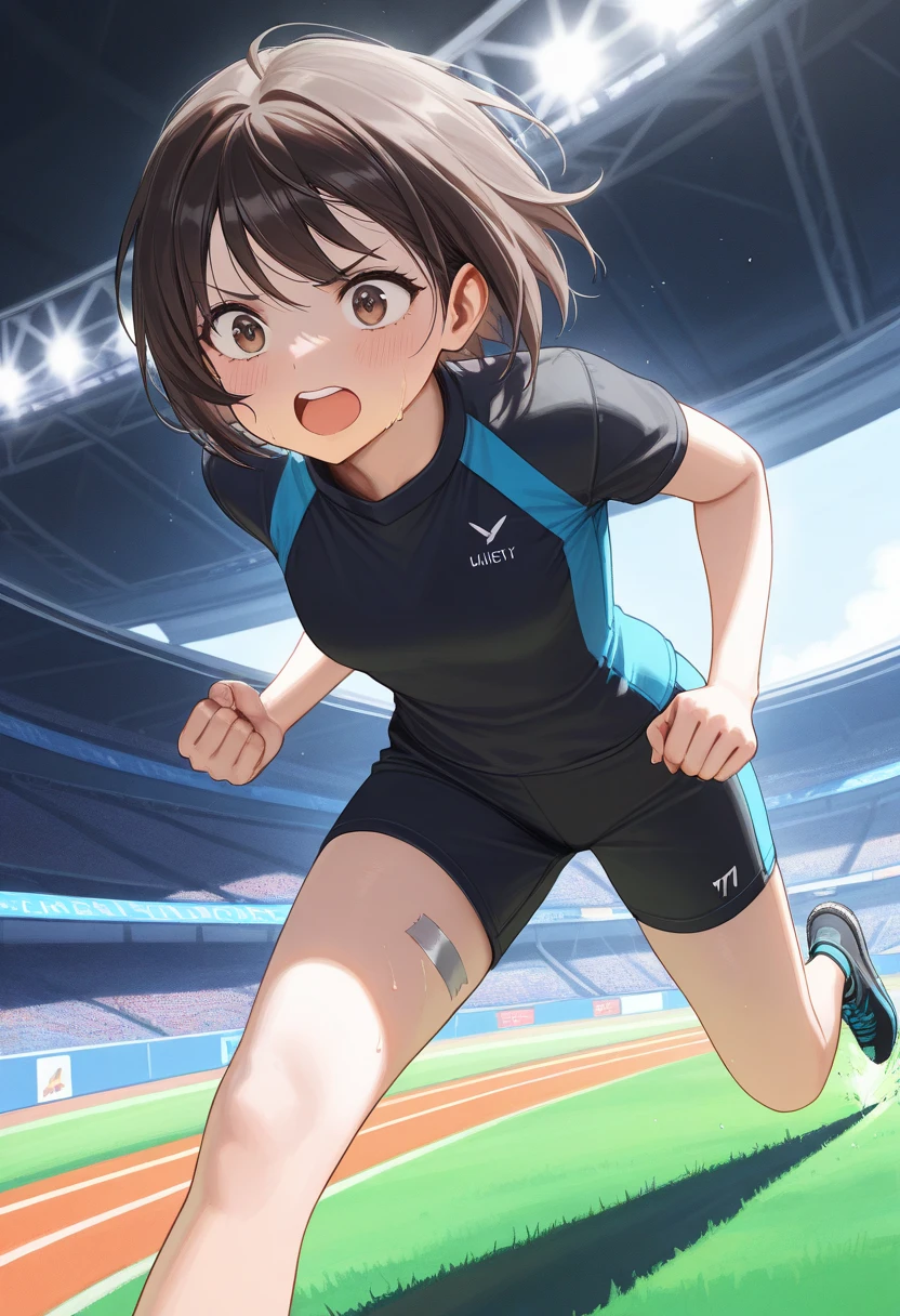 (((Best quality, 8k, Masterpiece: 1.3)), ((best quality)), ((masterpiece)), (detailed), perfect face, perfect body, (detailed skin:1.3), (intricate details), Marathon runner, short-haired woman, finishing moment, cutting the finish tape in first place, raising both hands to express joy, Stadium, run, running