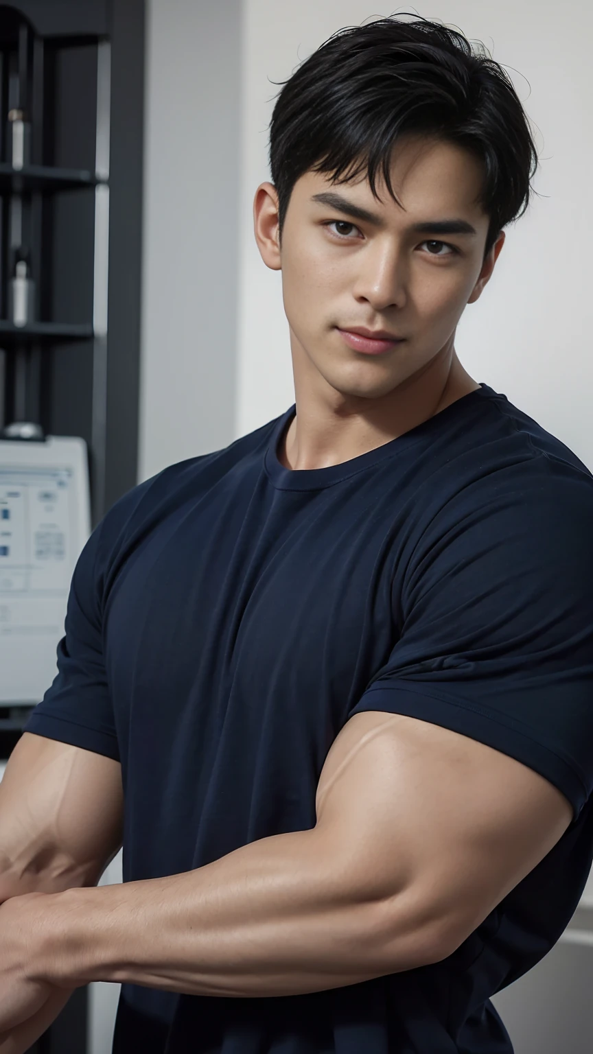 (Create a masterpiece: 1.2),(CGI art:1.3),(realistic:1.5),(After processing:1.3), (Sharp focus:1.3), 1 man, open mouth, smile, (Navy blue round neck shirt:1.3), Navy cargo pants, Korean guy , korean men, (High gloss details), chest muscles, large arm muscles, blood vessel, Big muscles, Broad shoulders, looking at the audience, Balancing the eyes, bedroom