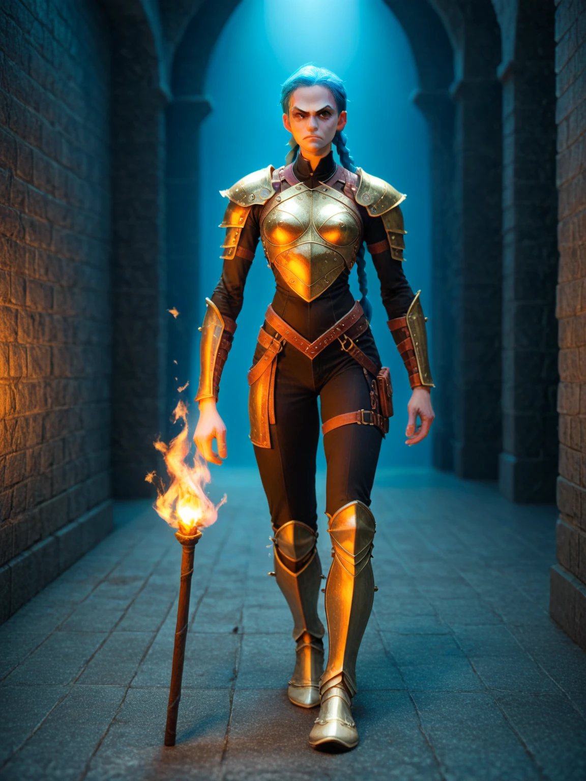 Jinx of arcane wears leather armor and holds a torch in her hand, walking through a dungeon with a serious expression on her face  full body viwe